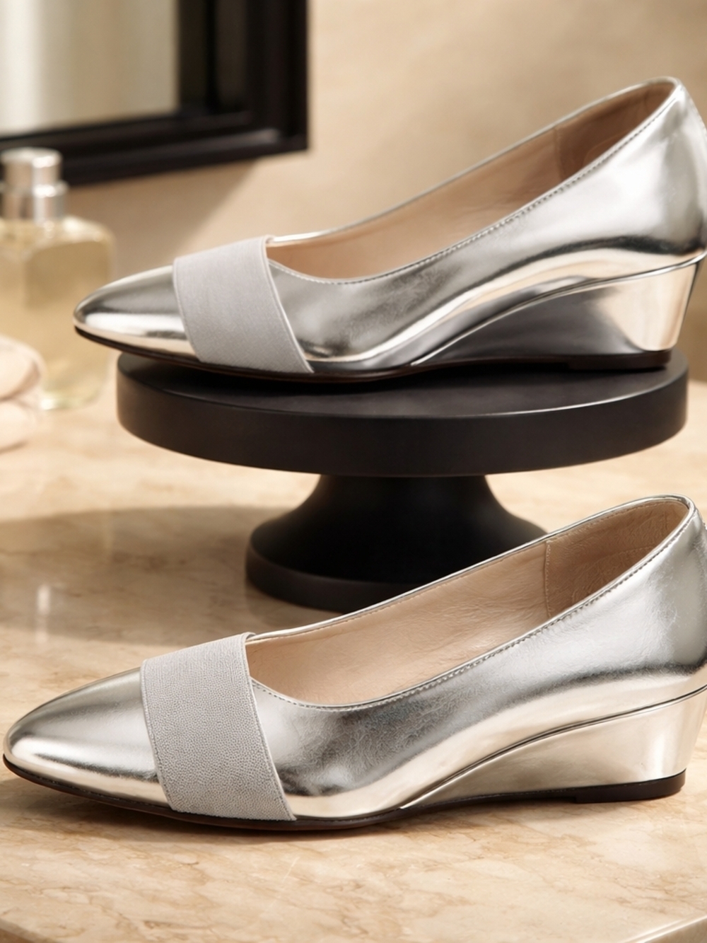 Silver Pointed Toe Wedge Flats with Elastic Band